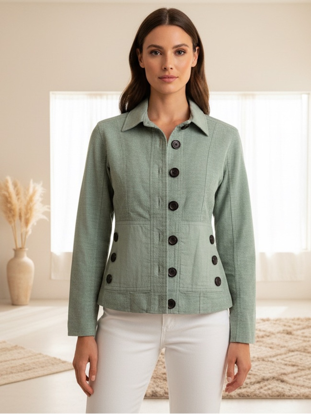 Elevate your wardrobe with this stunning sage green textured jacket!